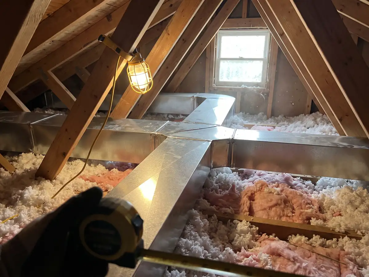 A galvanised duct trunk and branch run measured in a house attic