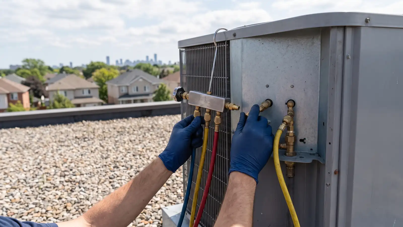 Refrigerant manifold gauges connected to the service valves of a condensing unit
