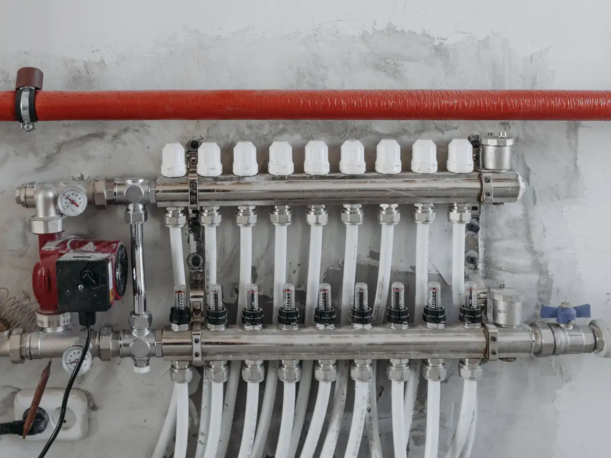 A hydronic manifold with flow meters, a circulator pump and pressure gauges on a plant room wall