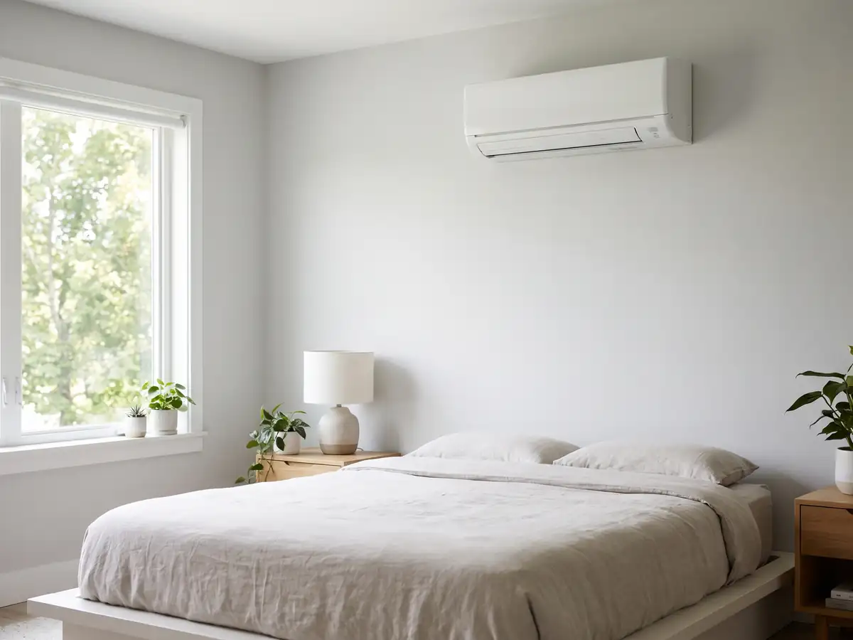 A wall-mounted ductless head in a bedroom