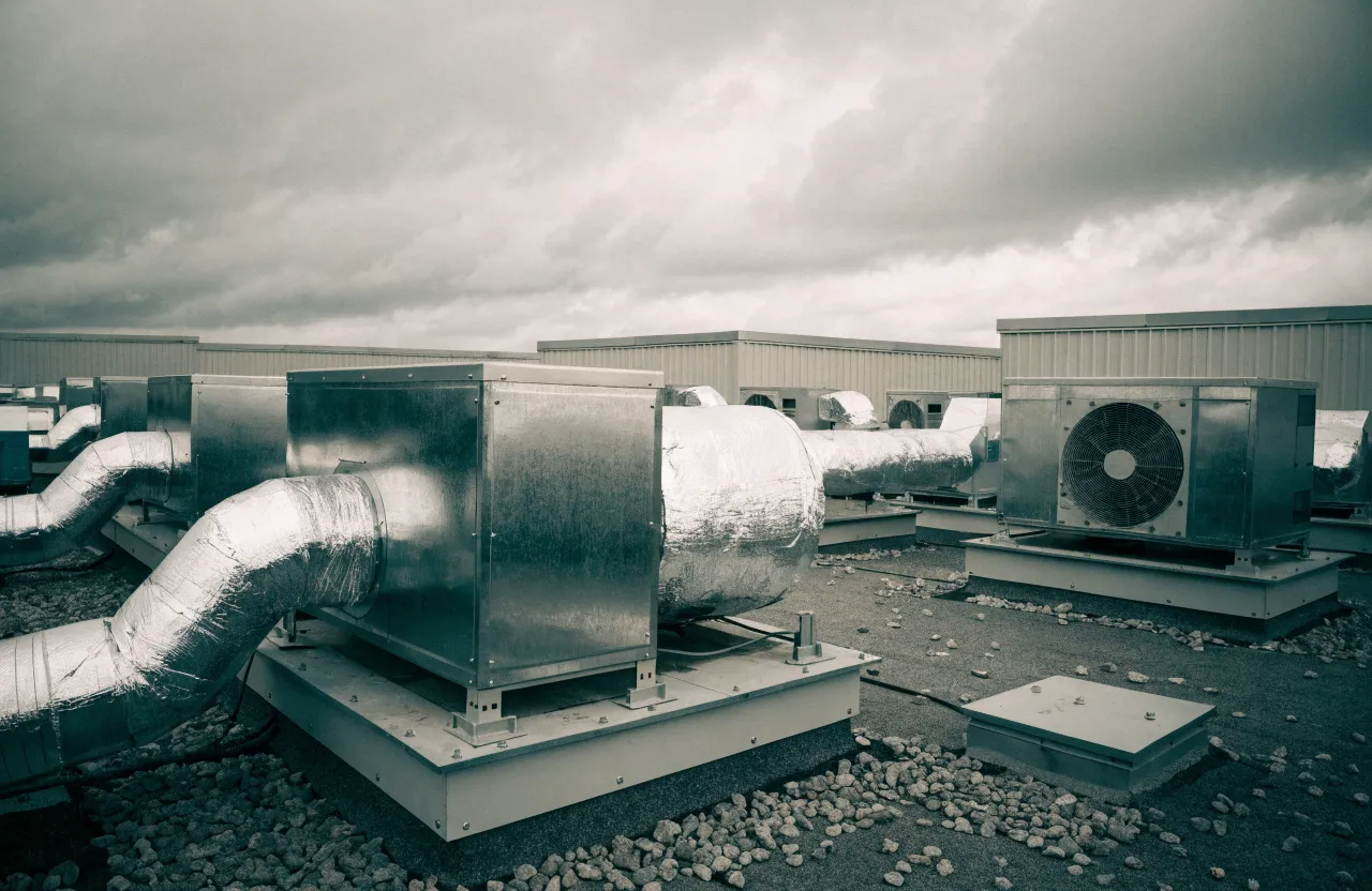 Packaged rooftop units and insulated ducting on a flat commercial roof under overcast sky