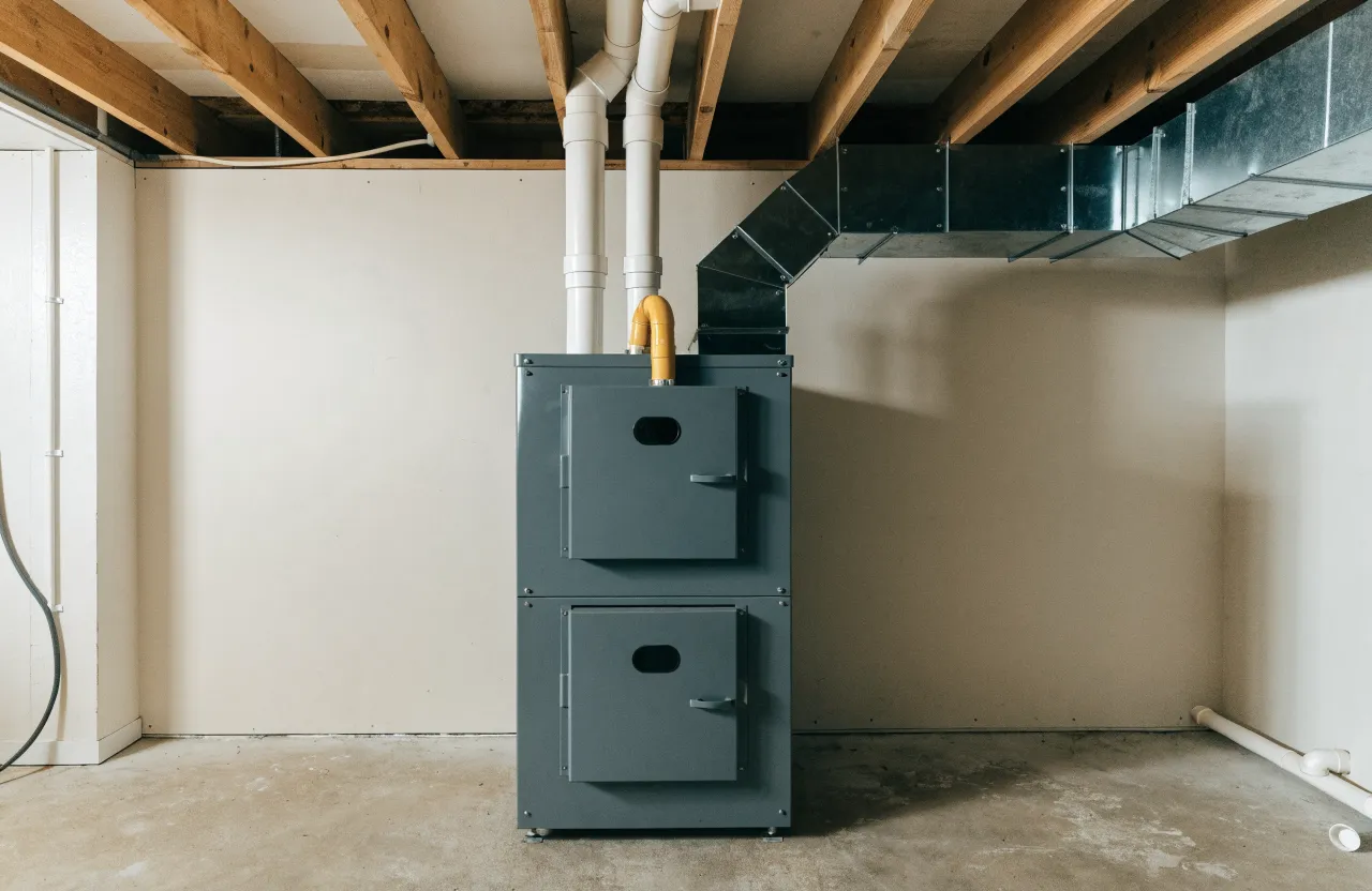 A residential gas furnace in a basement, with PVC intake and exhaust and a supply plenum feeding ductwork