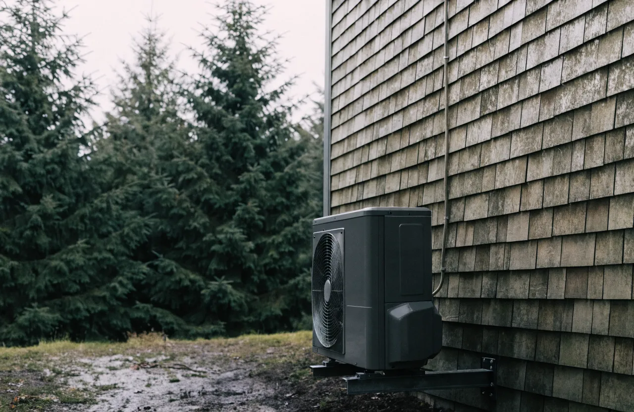 A ductless heat pump condenser on a bracket against the cedar shingle wall of a west coast house