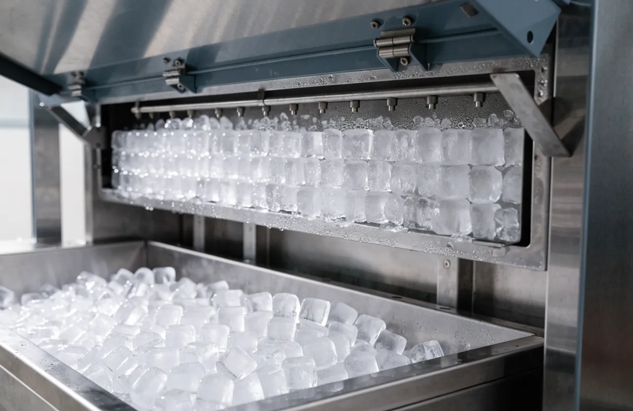 Inside a commercial ice machine: cubes forming on the evaporator plate above a full bin