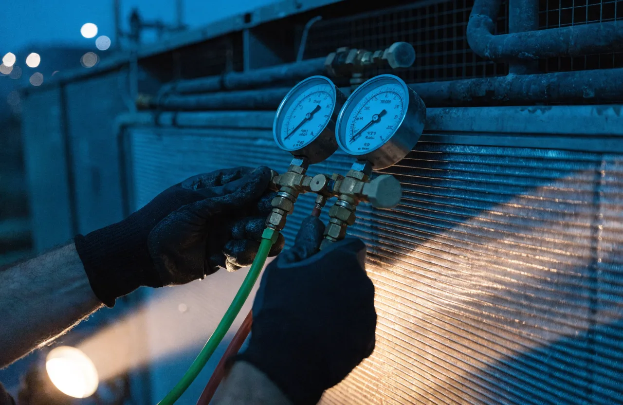 Gloved hands connecting manifold gauges to the service valves of a condensing unit after dark